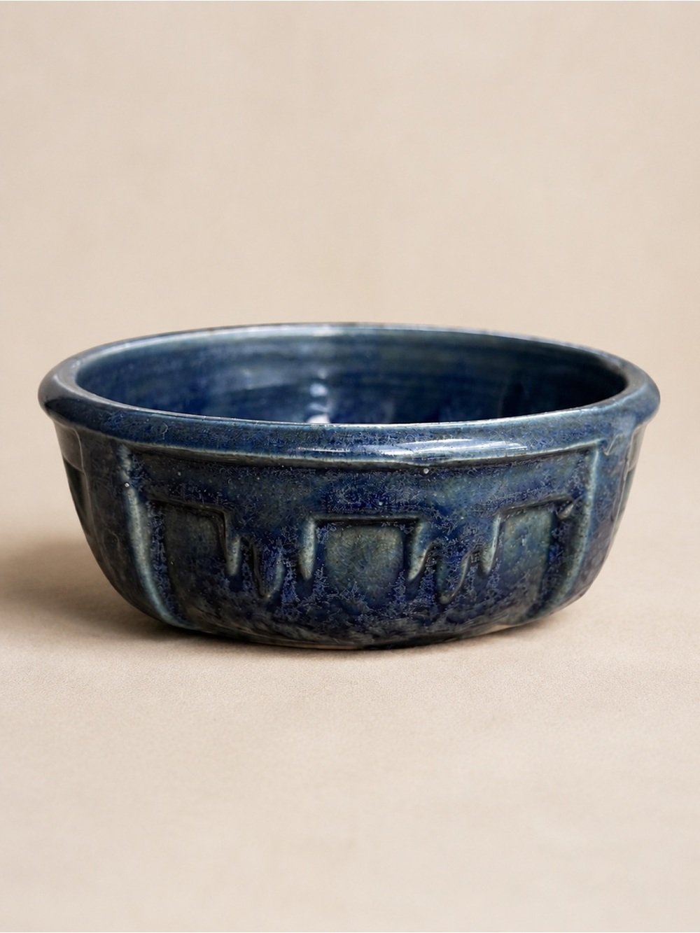 Handmade Studio Pottery Bowl Cobalt Blue Glazed Geometric Boho Ceramic Dish